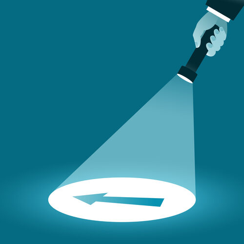 Direction Search and select direction. Hand with a flashlight shining in the dark. Business concept. Vector illustration